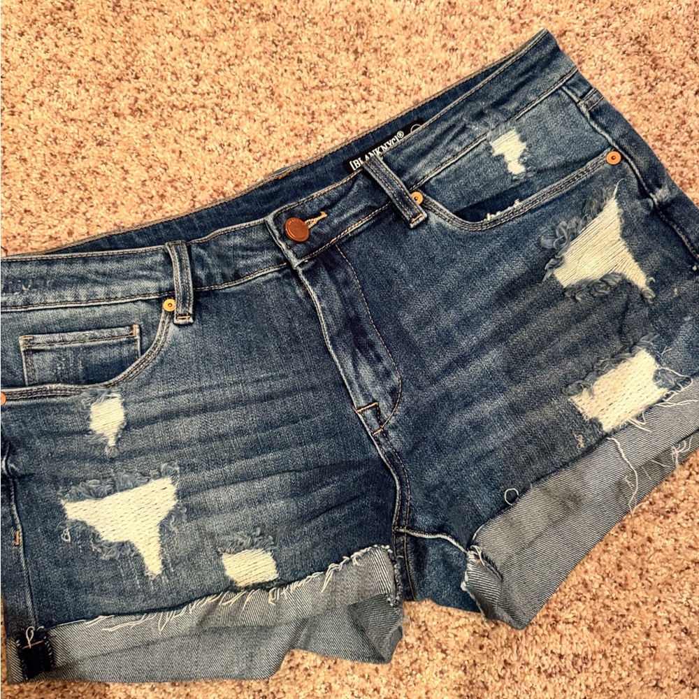 Blank NYC Dark Blue Distressed Jean Shorts - Picture 3 of 4